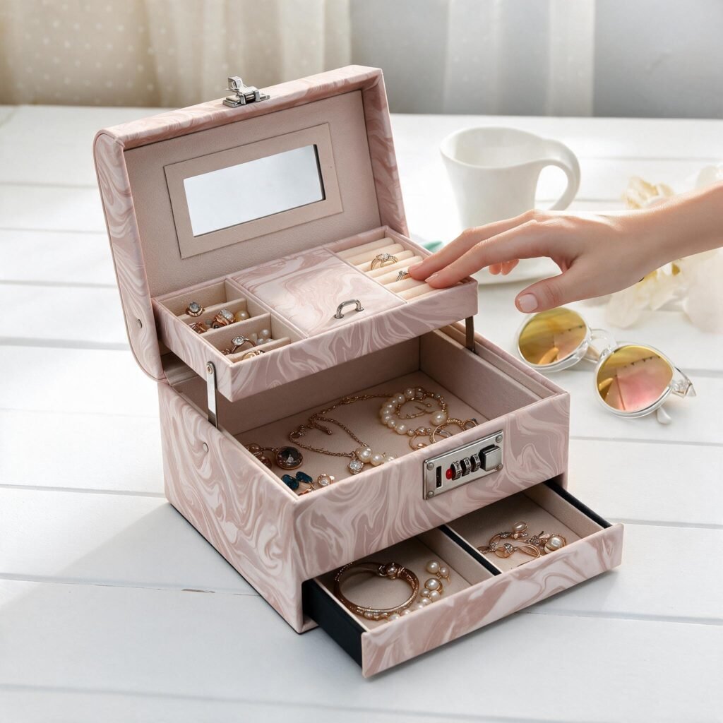 Boîte de rangement bijoux bijou avec miroir et serrure tiroir coulissant