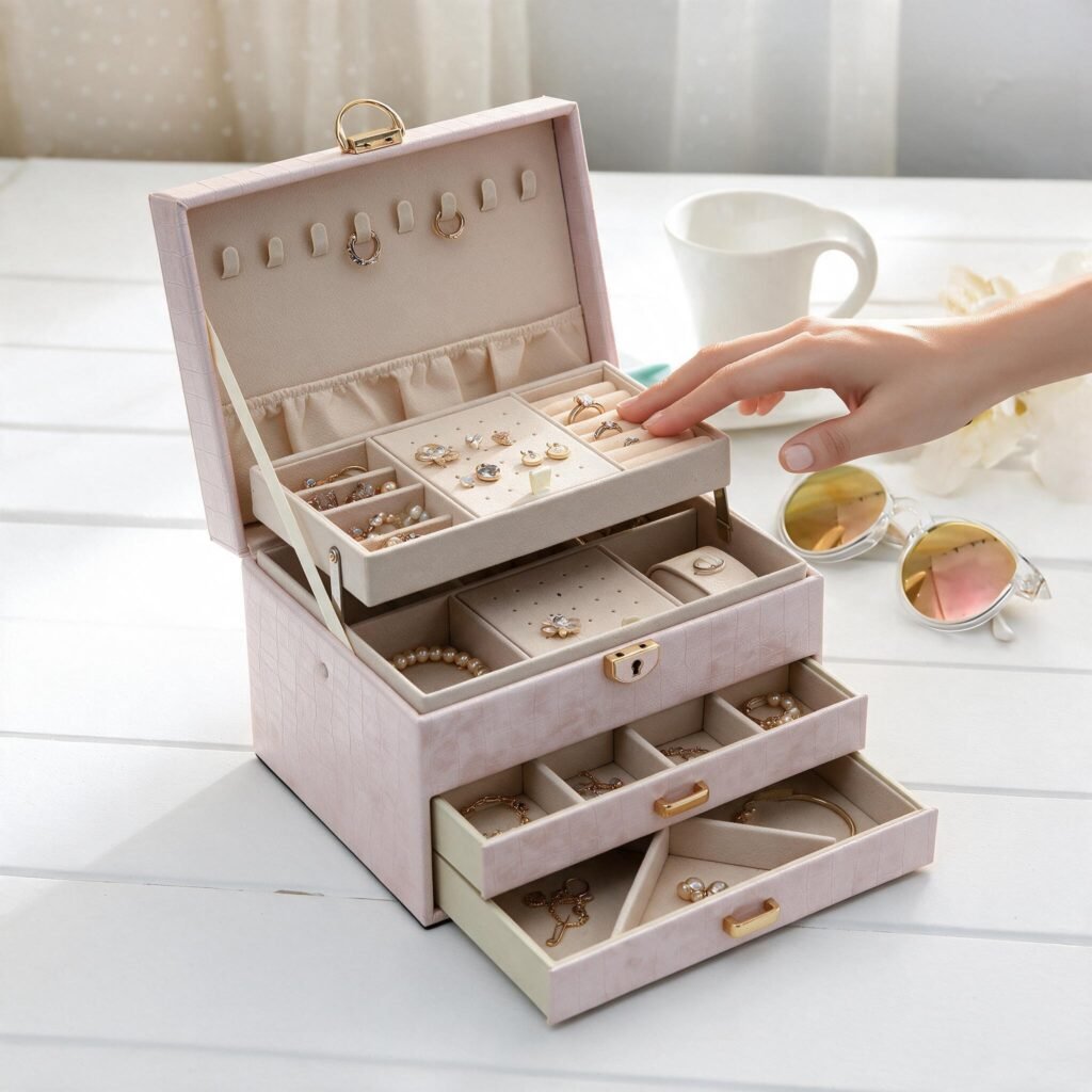Boîte à bijoux 3 niveaux avec serrure et velours — Organisation et protection des bijoux