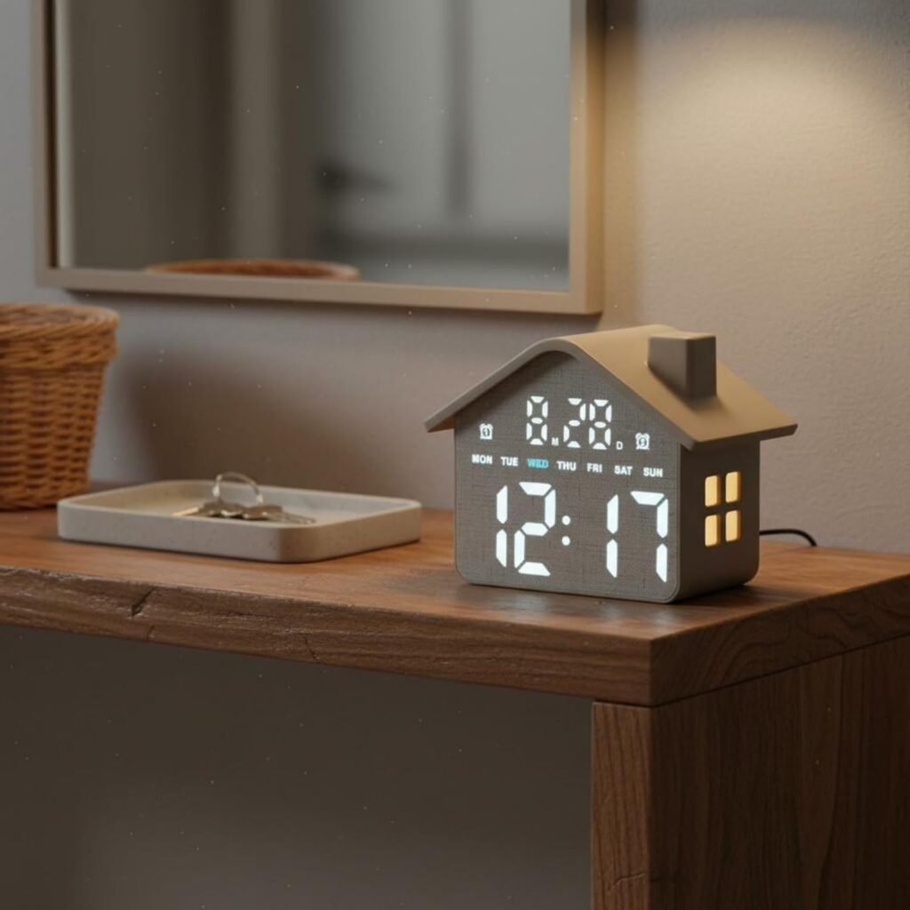 Réveil numérique LED en forme de maison à double alarme et veilleuse douce