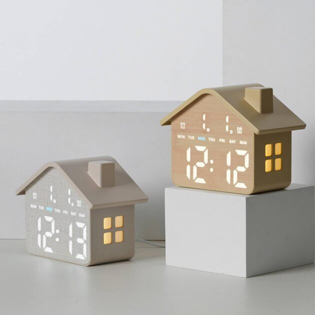 Réveil numérique LED en forme de maison à double alarme et veilleuse douce