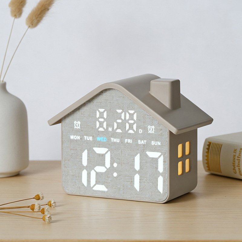 Réveil numérique LED en forme de maison à double alarme et veilleuse douce