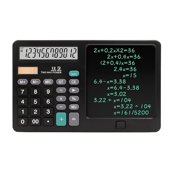 Calculatrice 12 Chiffres avec Tablette d'Écriture LCD 2 en 1 – Bloc-Notes Numérique Portable