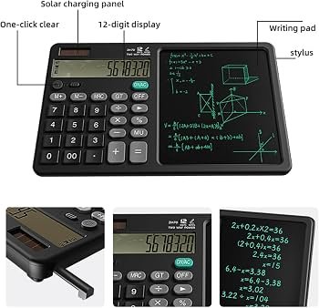 Calculatrice 12 Chiffres avec Tablette d'Écriture LCD 2 en 1 – Bloc-Notes Numérique Portable
