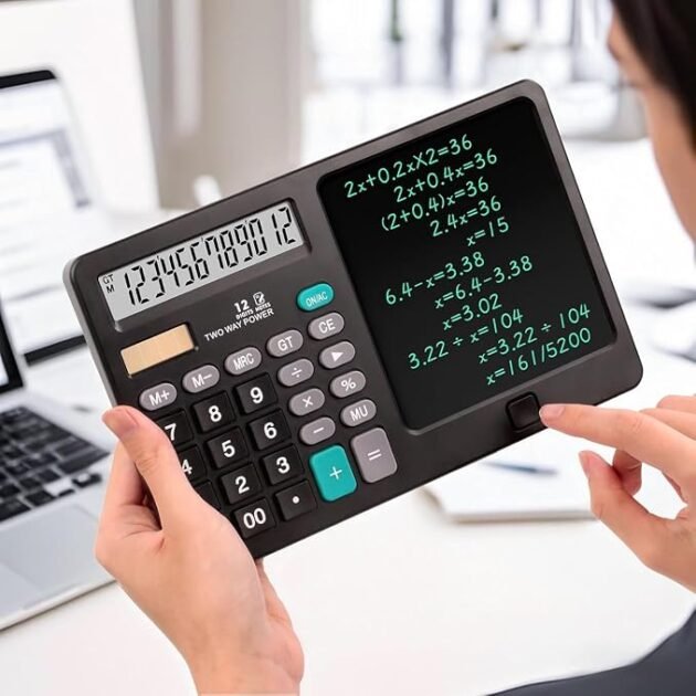 Calculatrice 12 Chiffres avec Tablette d'Écriture LCD 2 en 1 – Bloc-Notes Numérique Portable
