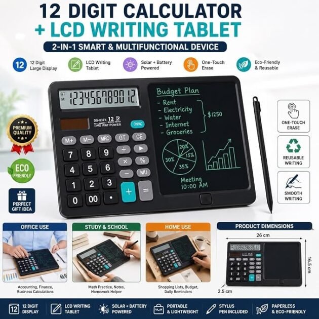 Calculatrice 12 Chiffres avec Tablette d'Écriture LCD 2 en 1 – Bloc-Notes Numérique Portable