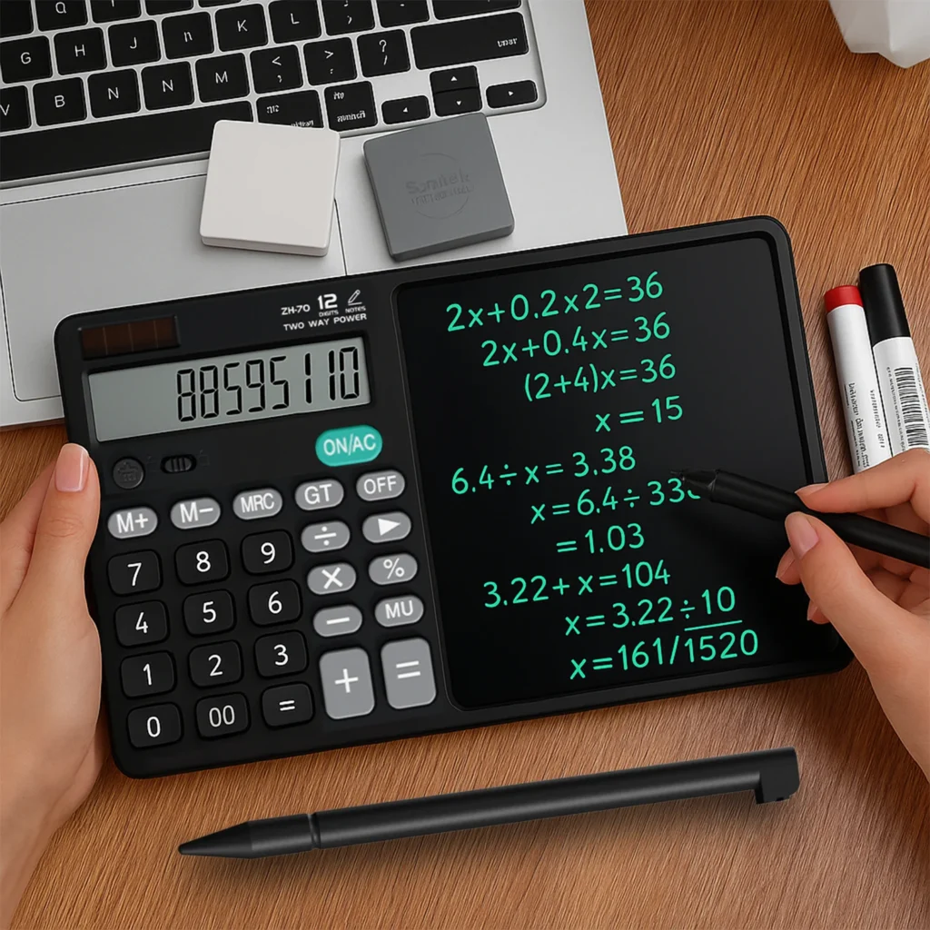Calculatrice 12 Chiffres avec Tablette d'Écriture LCD 2 en 1 – Bloc-Notes Numérique Portable