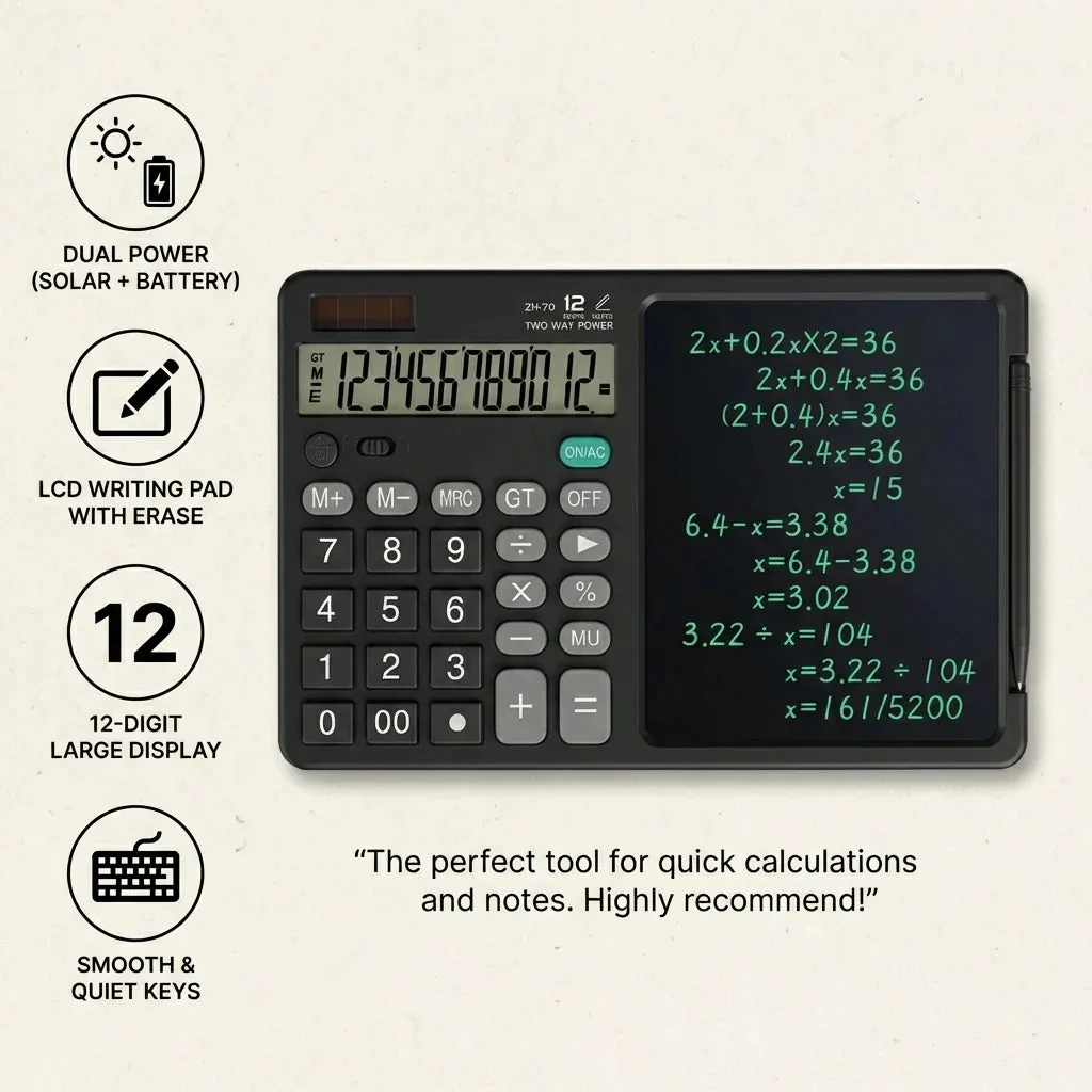 Calculatrice 12 Chiffres avec Tablette d'Écriture LCD 2 en 1 – Bloc-Notes Numérique Portable
