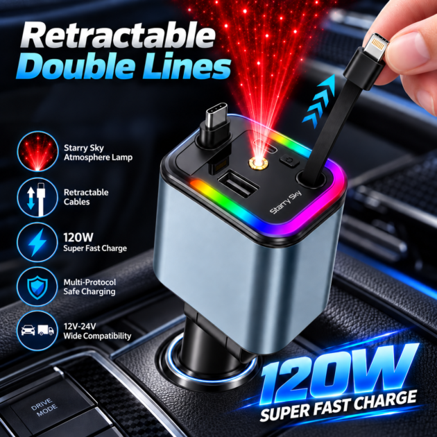 Chargeur Voiture 120W 4-en-1 Rétractable - Recharge Multiple