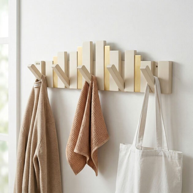 Porte-manteau mural design piano en bois avec touches dorées — Décor fonctionnel et élégant