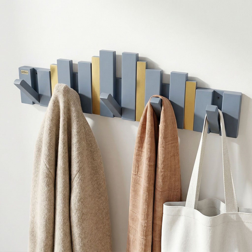 Porte-manteau mural design piano en bois avec touches dorées — Décor fonctionnel et élégant