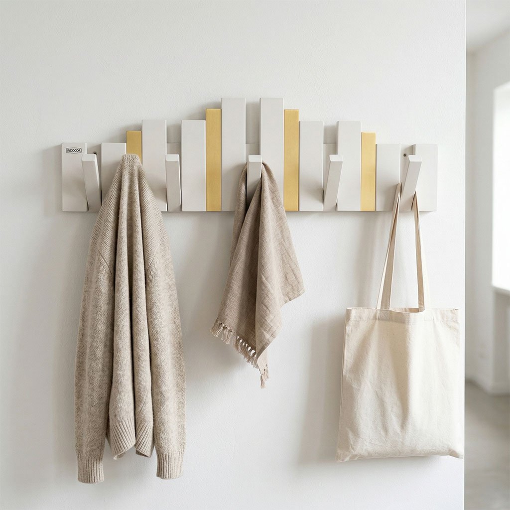 Porte-manteau mural design piano en bois avec touches dorées — Décor fonctionnel et élégant