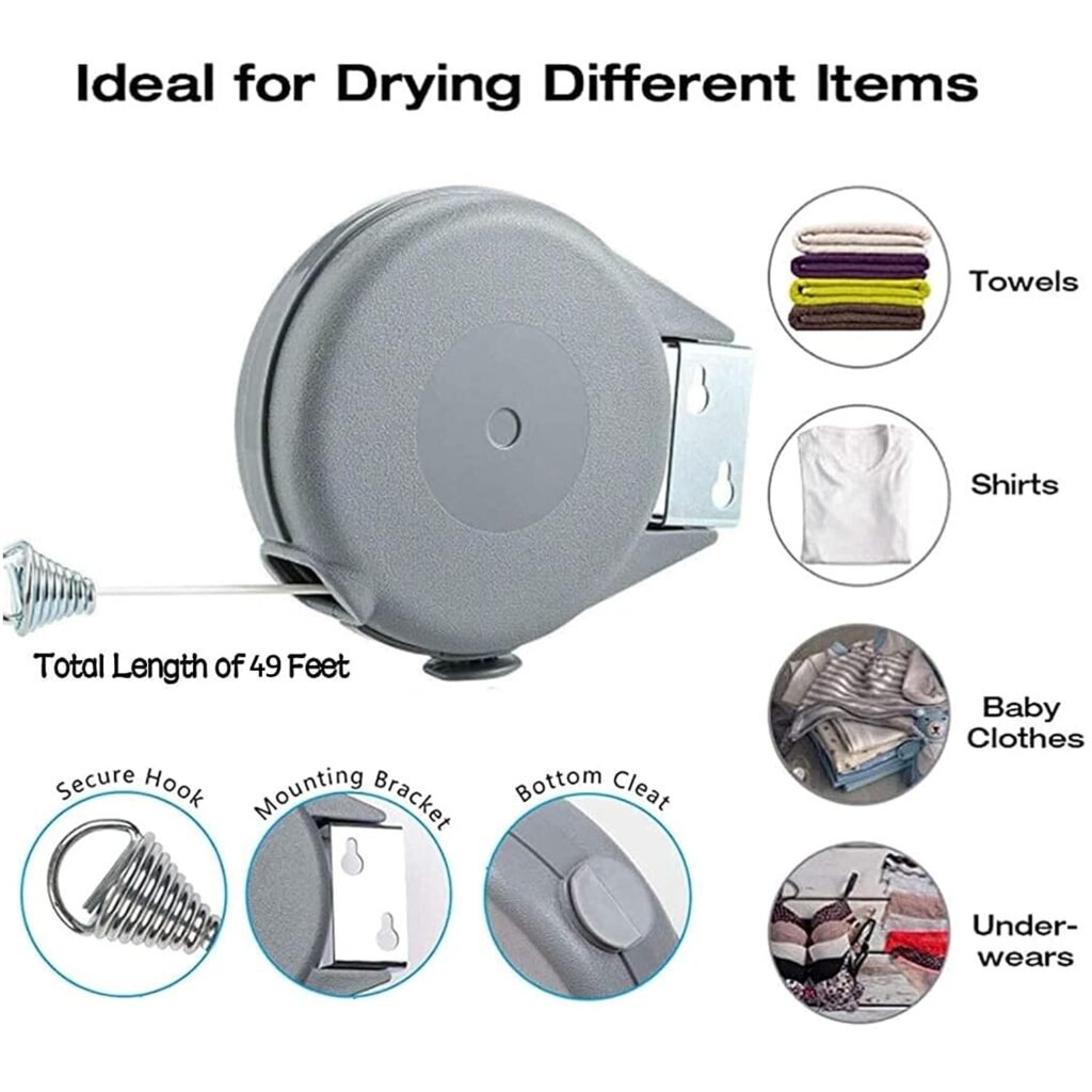 Corde à linge rétractable 15 m — séchage facile et gain de place