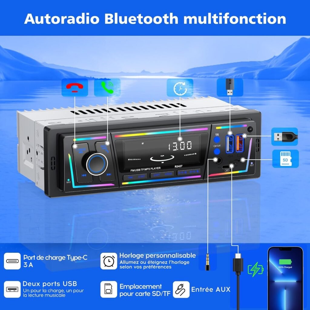 Autoradio Bluetooth 5.0 1DIN avec USB & Type-C Charge Rapide – DSP, RDS & Éclairage LED Personnalisable