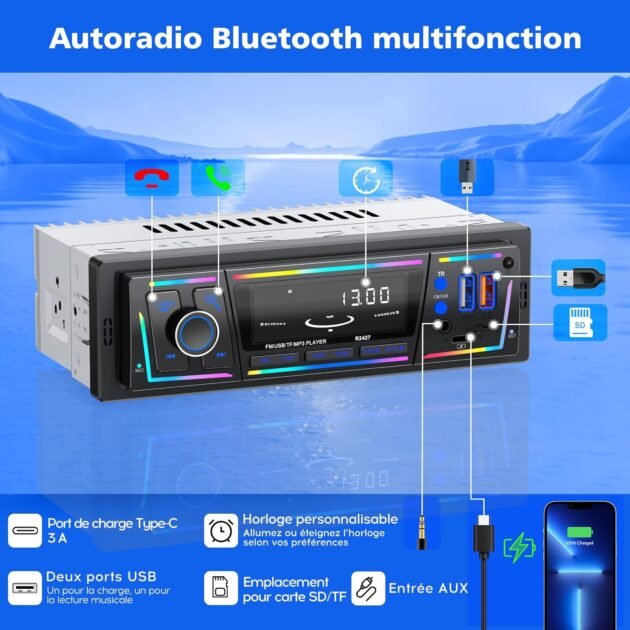 Autoradio Bluetooth 5.0 1DIN avec USB & Type-C Charge Rapide – DSP, RDS & Éclairage LED Personnalisable