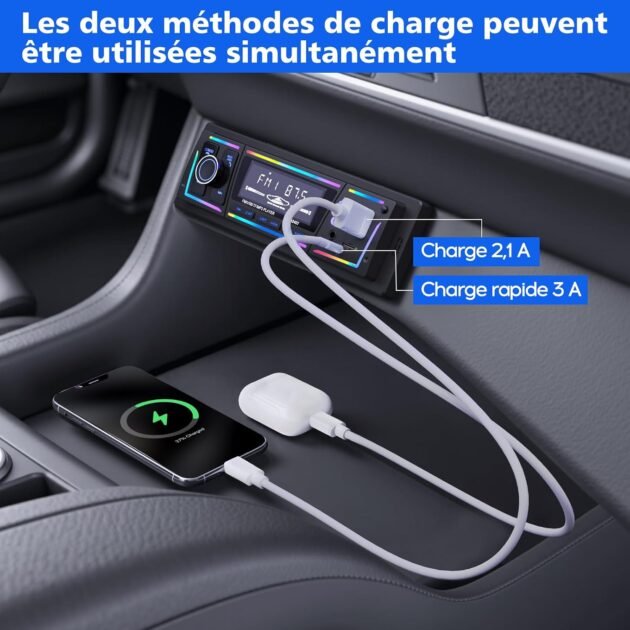 Autoradio Bluetooth 5.0 1DIN avec USB & Type-C Charge Rapide – DSP, RDS & Éclairage LED Personnalisable