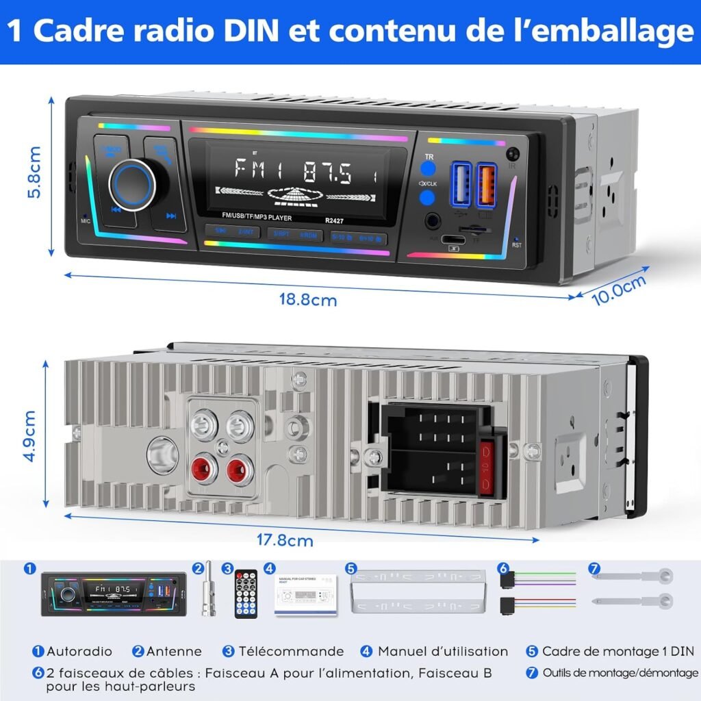 Autoradio Bluetooth 5.0 1DIN avec USB & Type-C Charge Rapide – DSP, RDS & Éclairage LED Personnalisable