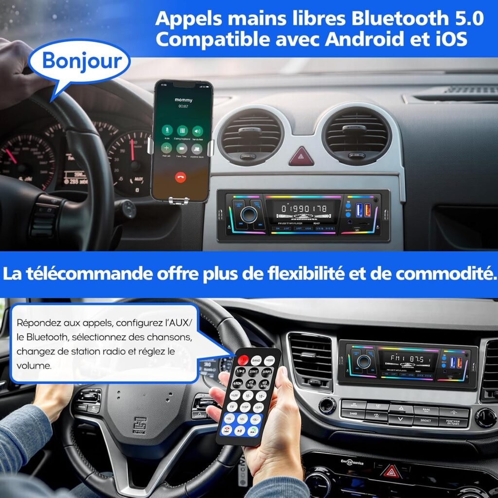 Autoradio Bluetooth 5.0 1DIN avec USB & Type-C Charge Rapide – DSP, RDS & Éclairage LED Personnalisable