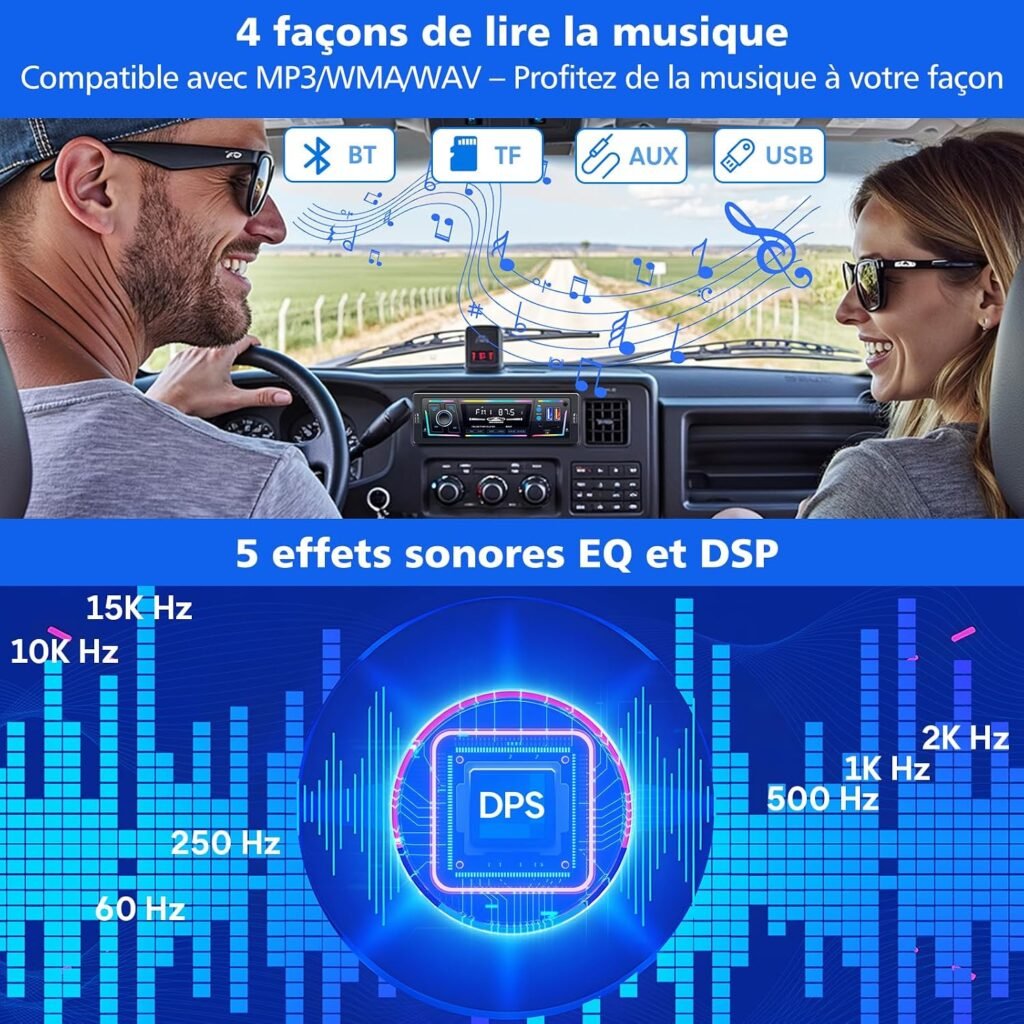 Autoradio Bluetooth 5.0 1DIN avec USB & Type-C Charge Rapide – DSP, RDS & Éclairage LED Personnalisable