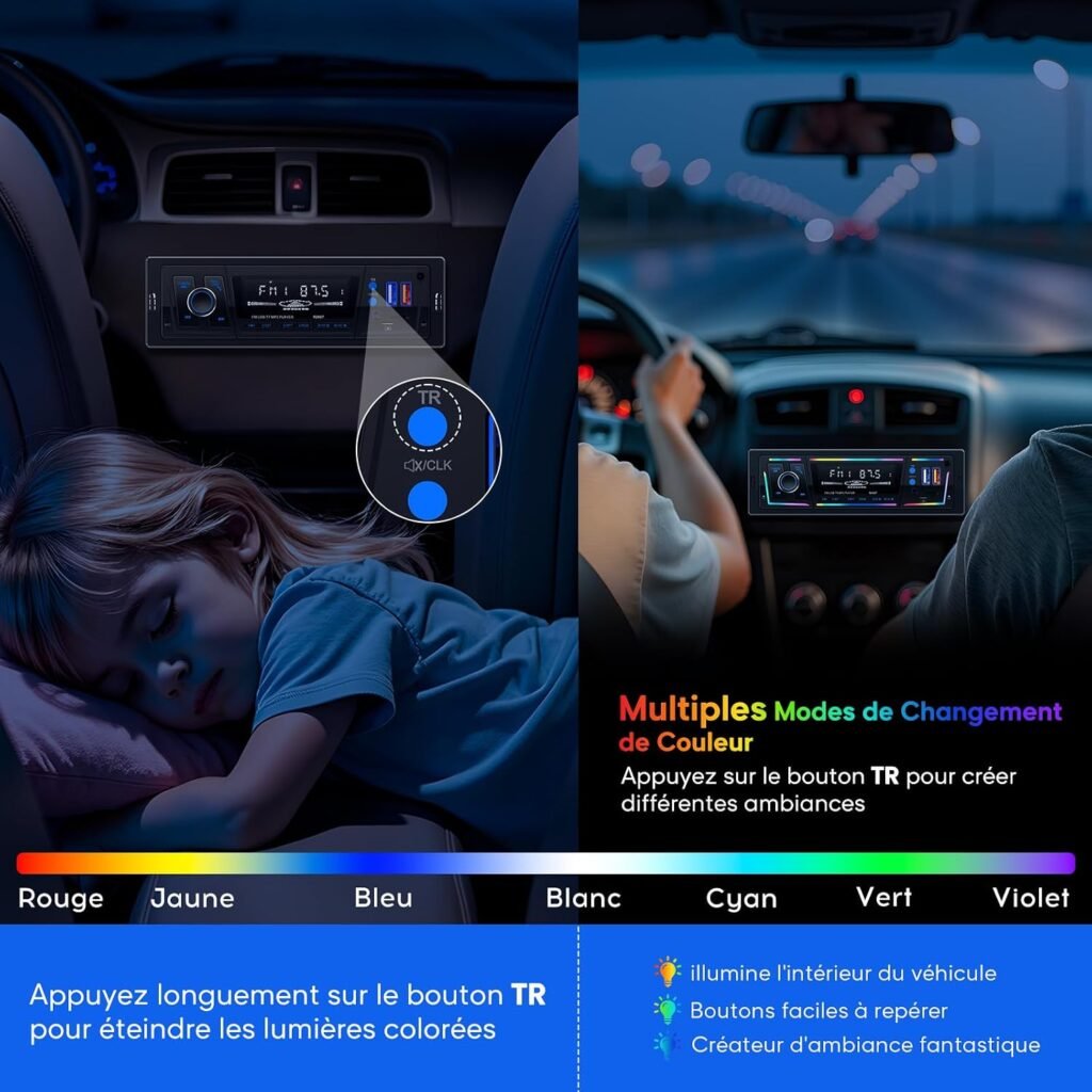 Autoradio Bluetooth 5.0 1DIN avec USB & Type-C Charge Rapide – DSP, RDS & Éclairage LED Personnalisable