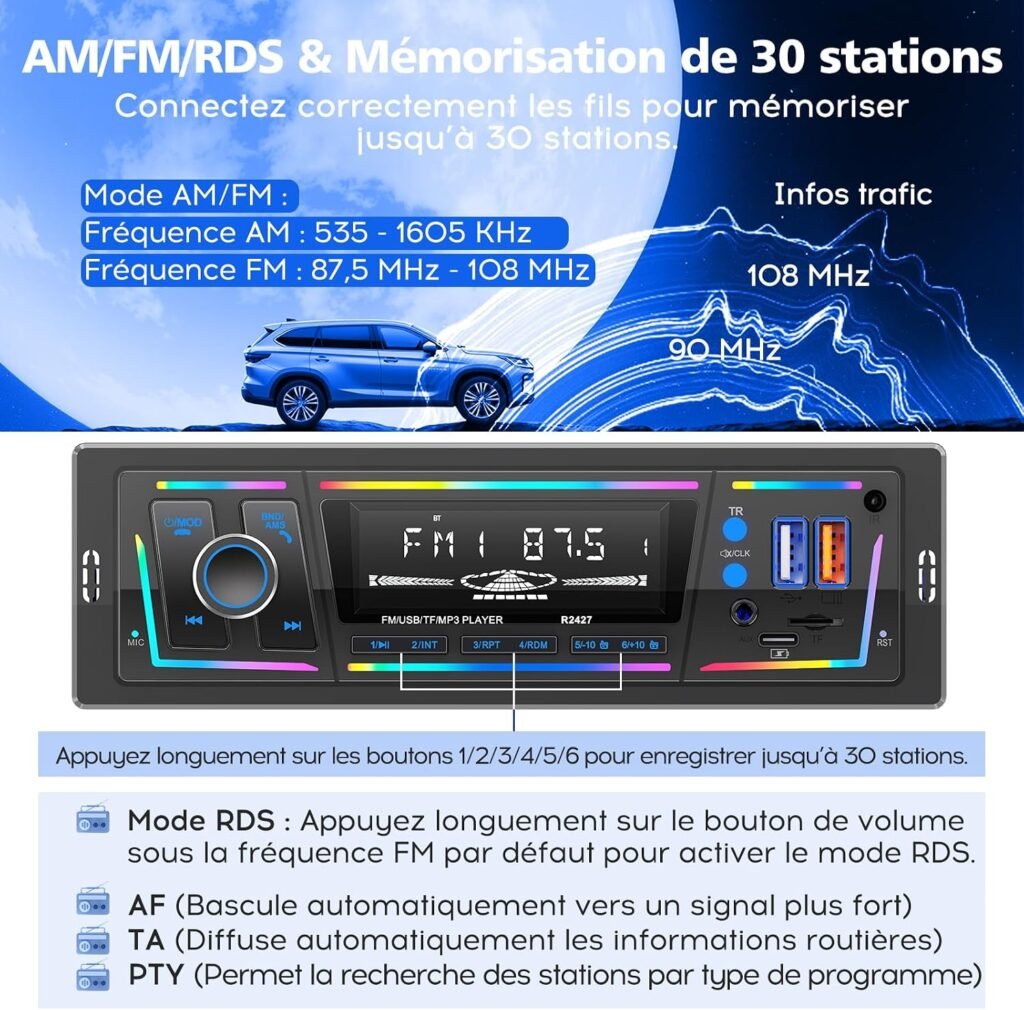 Autoradio Bluetooth 5.0 1DIN avec USB & Type-C Charge Rapide – DSP, RDS & Éclairage LED Personnalisable