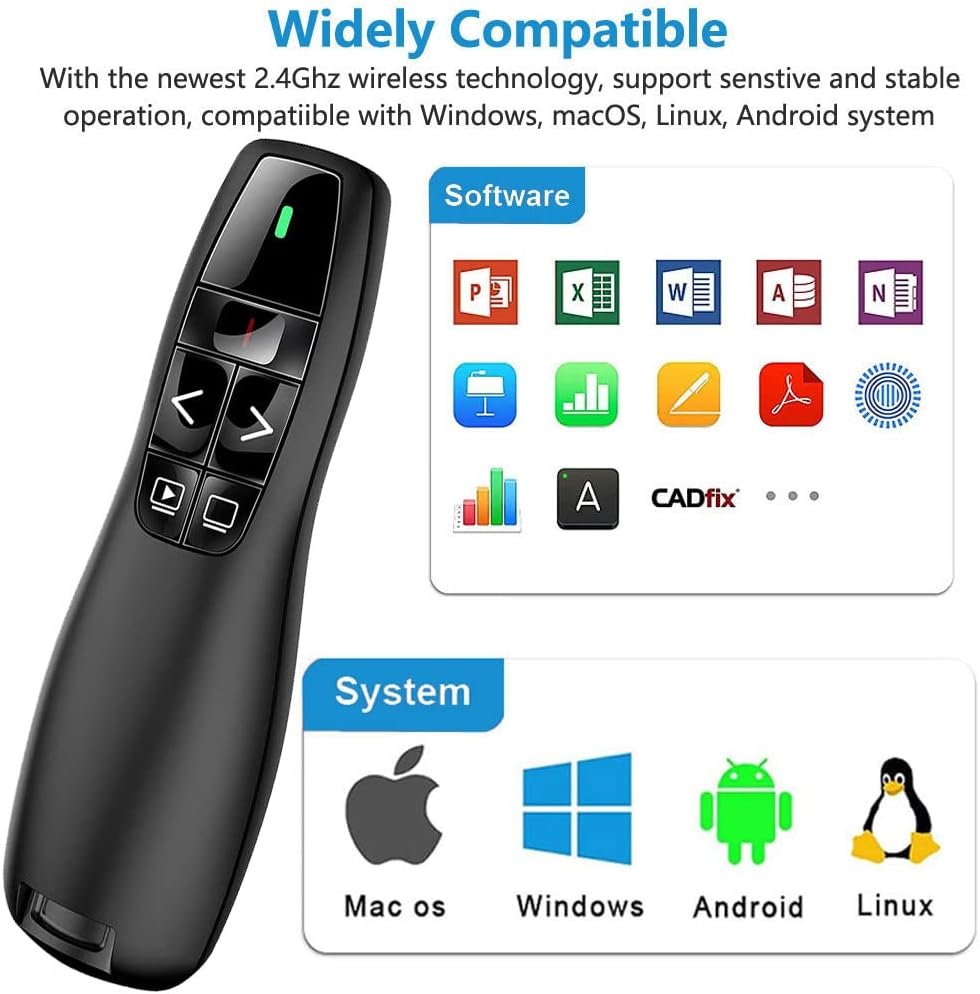 Télécommande de Présentation Sans Fil avec Pointeur Laser – Portée 15 m, USB-A & USB-C