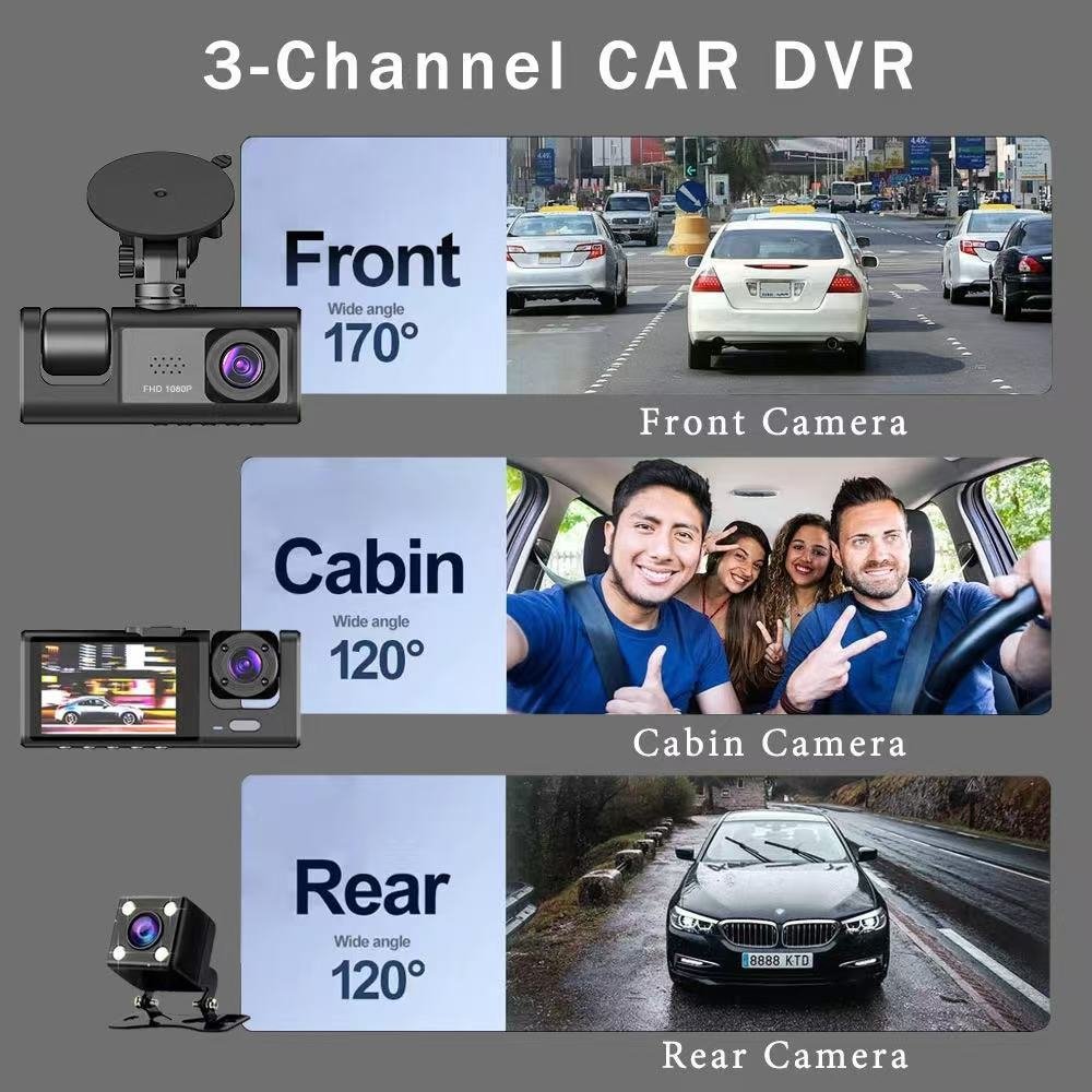 Caméra de voiture 3 canaux 1080P Full HD pour aide au stationnement