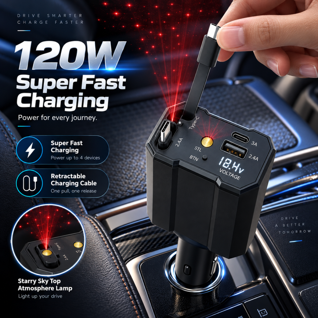 Chargeur Voiture 120W 5-en-1 avec Câbles Rétractables et Étoiles