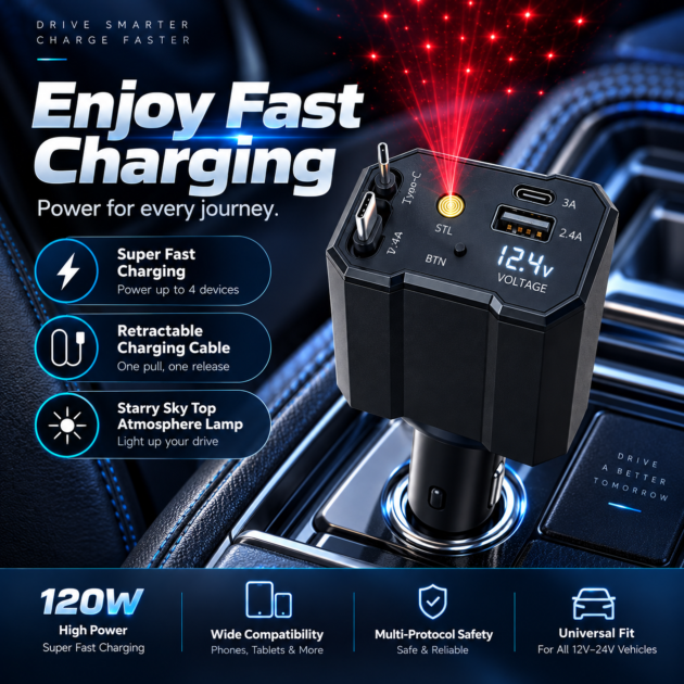 Chargeur Voiture 120W 5-en-1 avec Câbles Rétractables et Étoiles