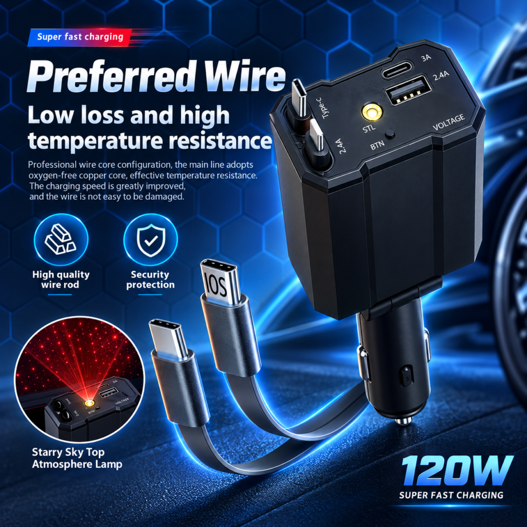 Chargeur Voiture 120W 5-en-1 avec Câbles Rétractables et Étoiles
