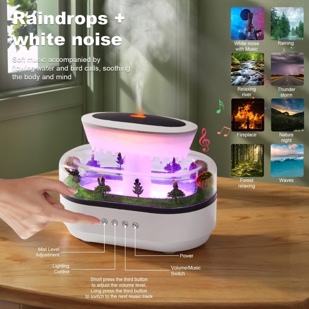 Humidificateur Gouttes de Pluie avec Diffuseur d'Huiles Essentielles