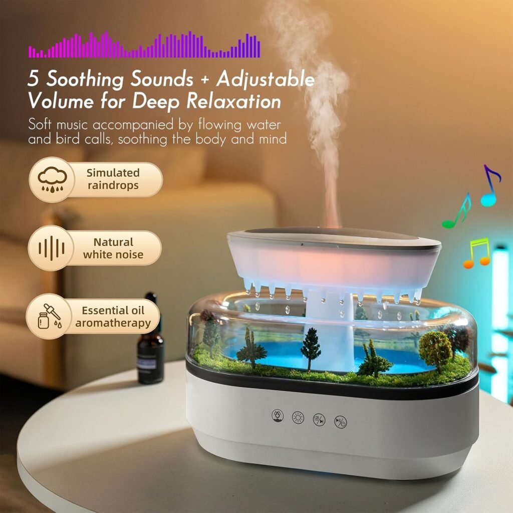 Humidificateur Gouttes de Pluie avec Diffuseur d'Huiles Essentielles