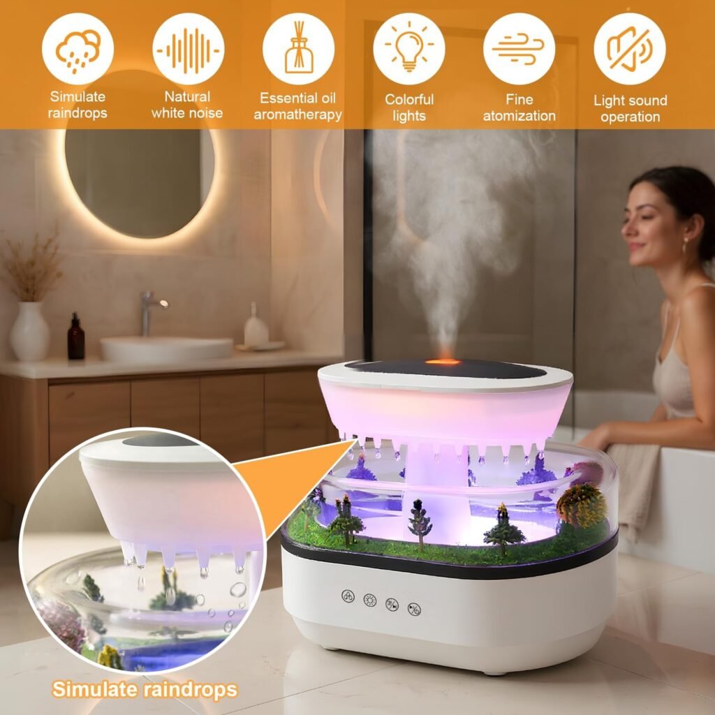 Humidificateur Gouttes de Pluie avec Diffuseur d'Huiles Essentielles