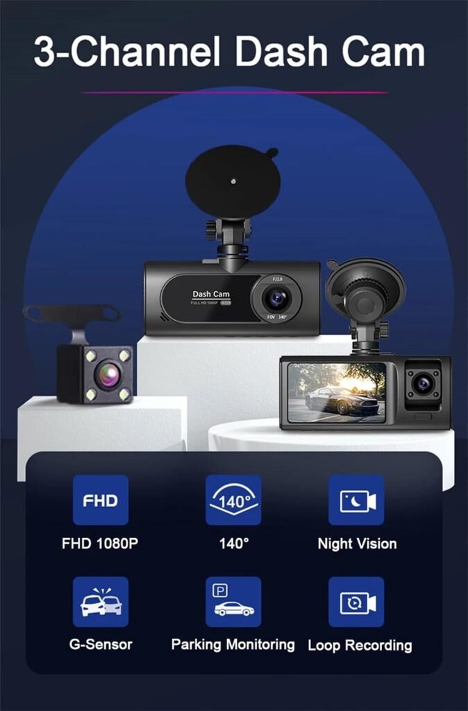 Dashcam triple 3 canaux — Surveillance complète du véhicule