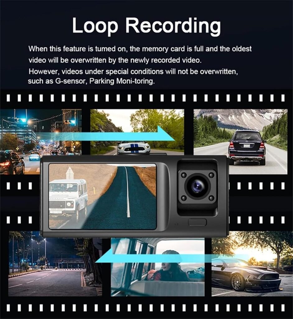 Dashcam triple 3 canaux — Surveillance complète du véhicule