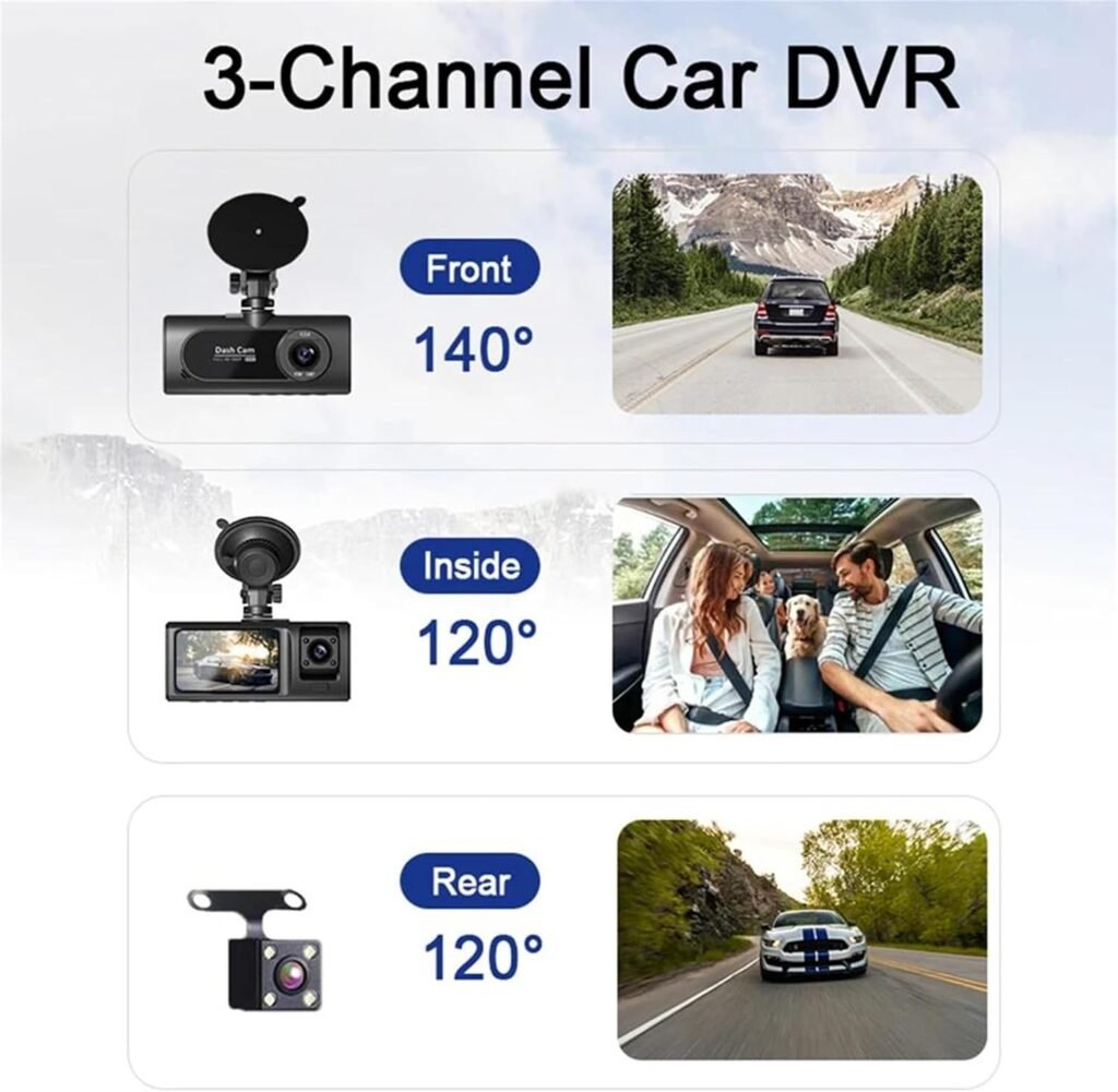 Dashcam triple 3 canaux — Surveillance complète du véhicule