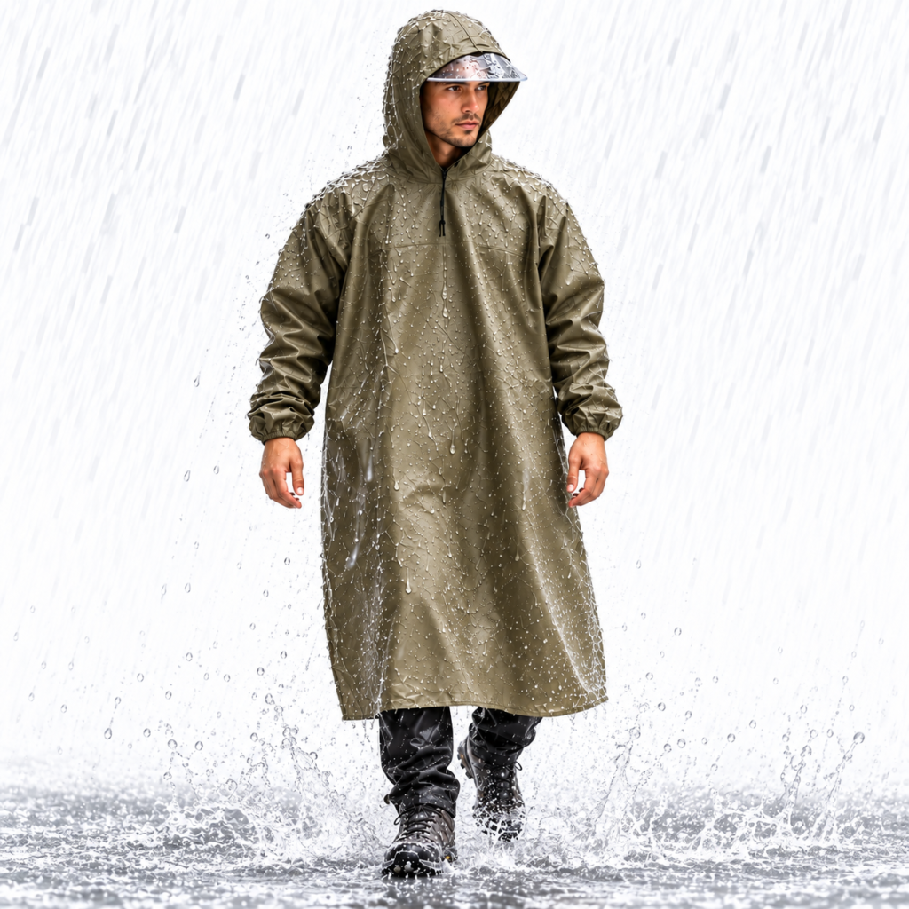 Imperméable Long à Capuche Vert Olive - Protection Totale Pluie & Vent
