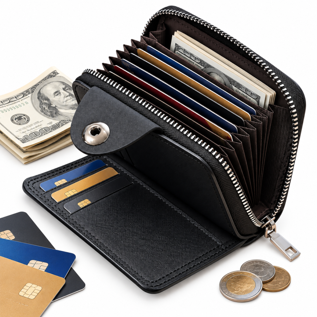 Portefeuille Zippé Simili Cuir Noir - Organisé et Sécurisé