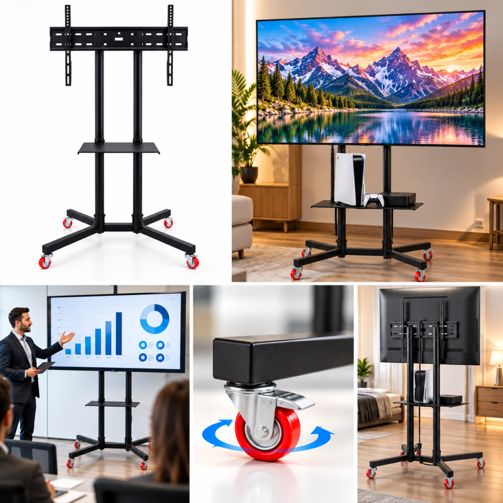 Support TV Mobile sur Roulettes avec Étagère Noir