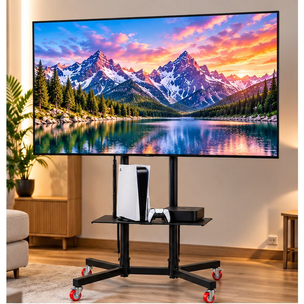 Support TV Mobile sur Roulettes avec Étagère Noir
