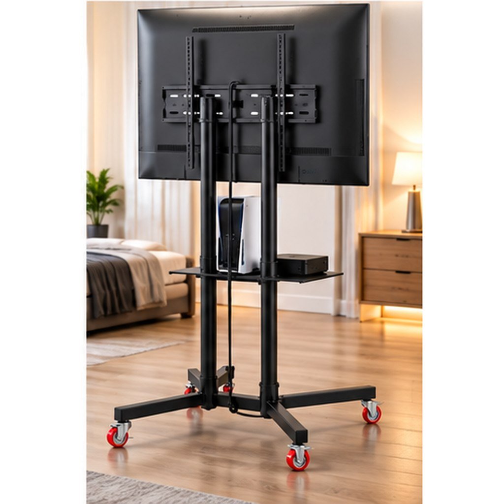 Support TV Mobile sur Roulettes avec Étagère Noir