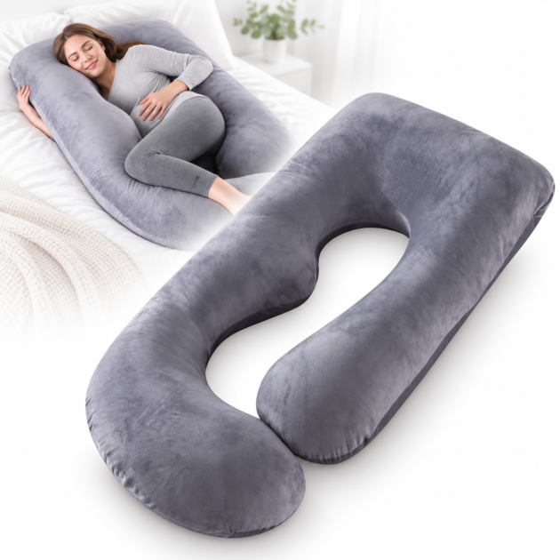 Coussin de Grossesse U - Oreiller Maternité Allaitement Housse Lavable Gris