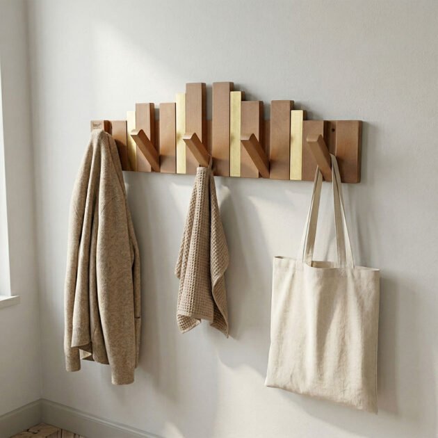 Porte-manteau mural design piano en bois avec touches dorées — Décor fonctionnel et élégant