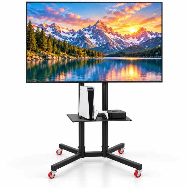 Support TV Mobile sur Roulettes avec Étagère Noir