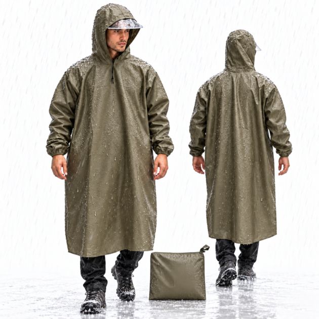 Imperméable Long à Capuche Vert Olive - Protection Totale Pluie & Vent