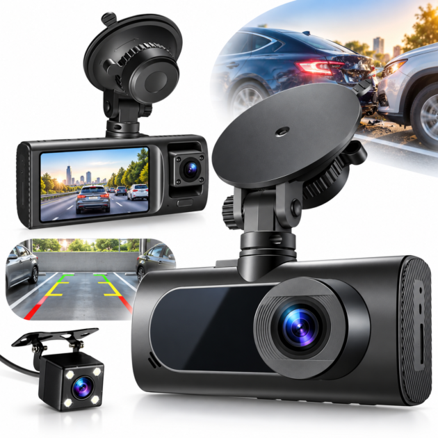 Dashcam triple 3 canaux — Surveillance complète du véhicule