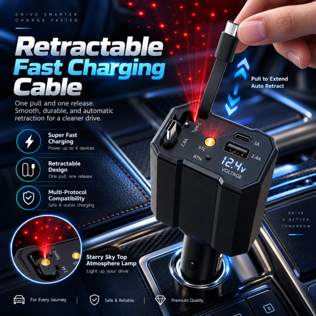 Chargeur Voiture 120W 5-en-1 avec Câbles Rétractables et Étoiles