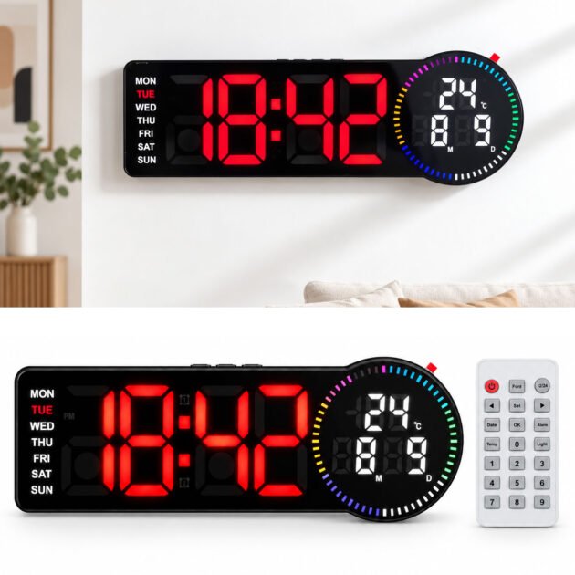 Horloge Murale Numérique LED RGB — Affiche Temps, Date et Température