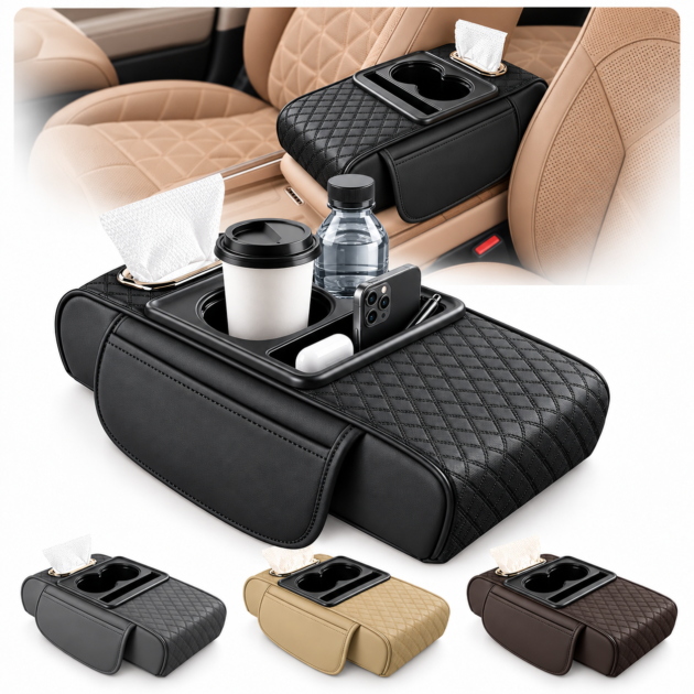 Organisateur Accoudoir Voiture Multifonction Cuir - Confort & Rangement