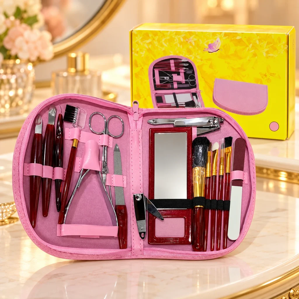 Kit Manucure Pédicure 18 Pièces avec Pochette Rose