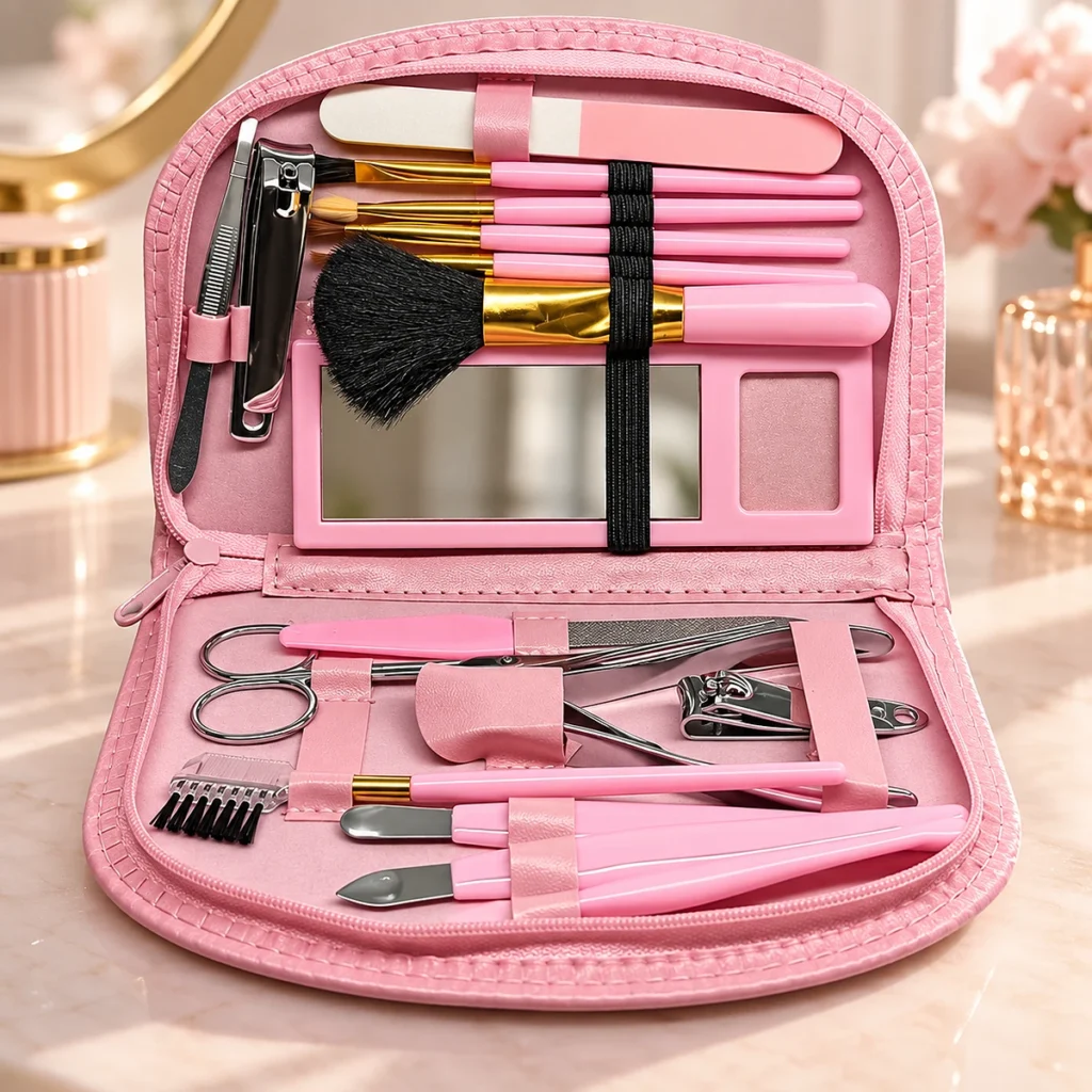 Kit Manucure Pédicure 18 Pièces avec Pochette Rose
